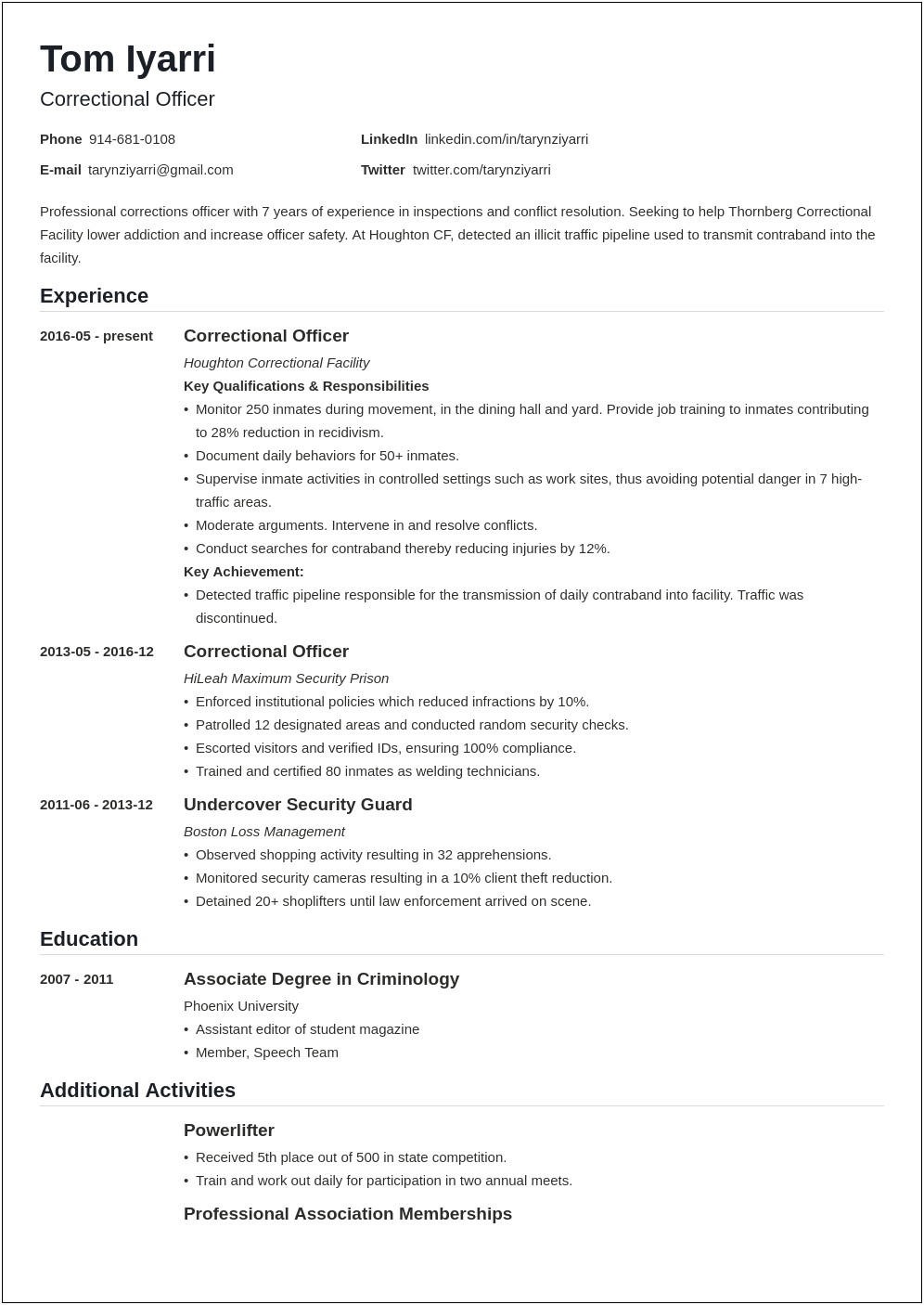 Summary Of Qualifications On Resume Correctional Officer