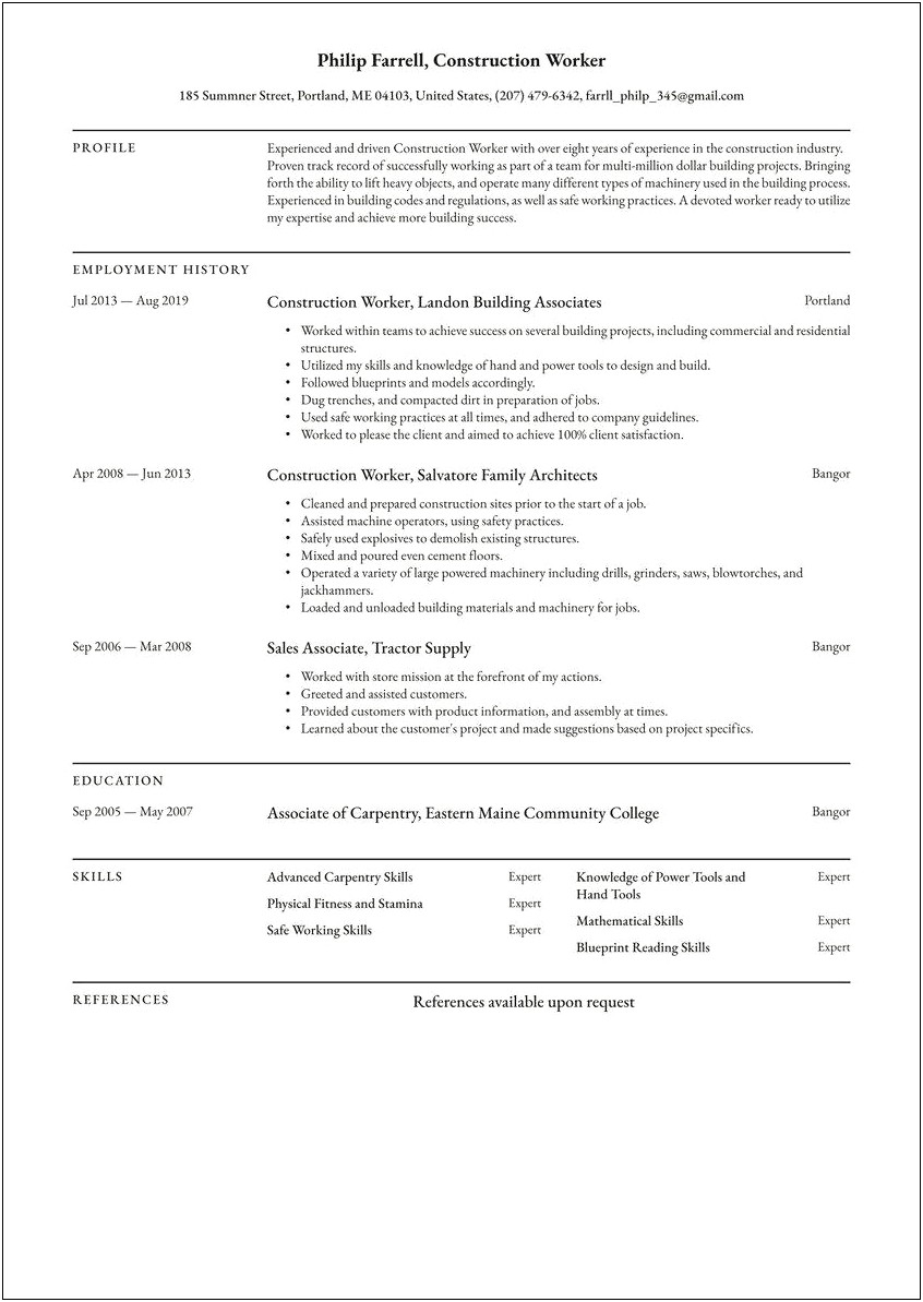 Summary Of Qualifications On Resume For Construction Worker