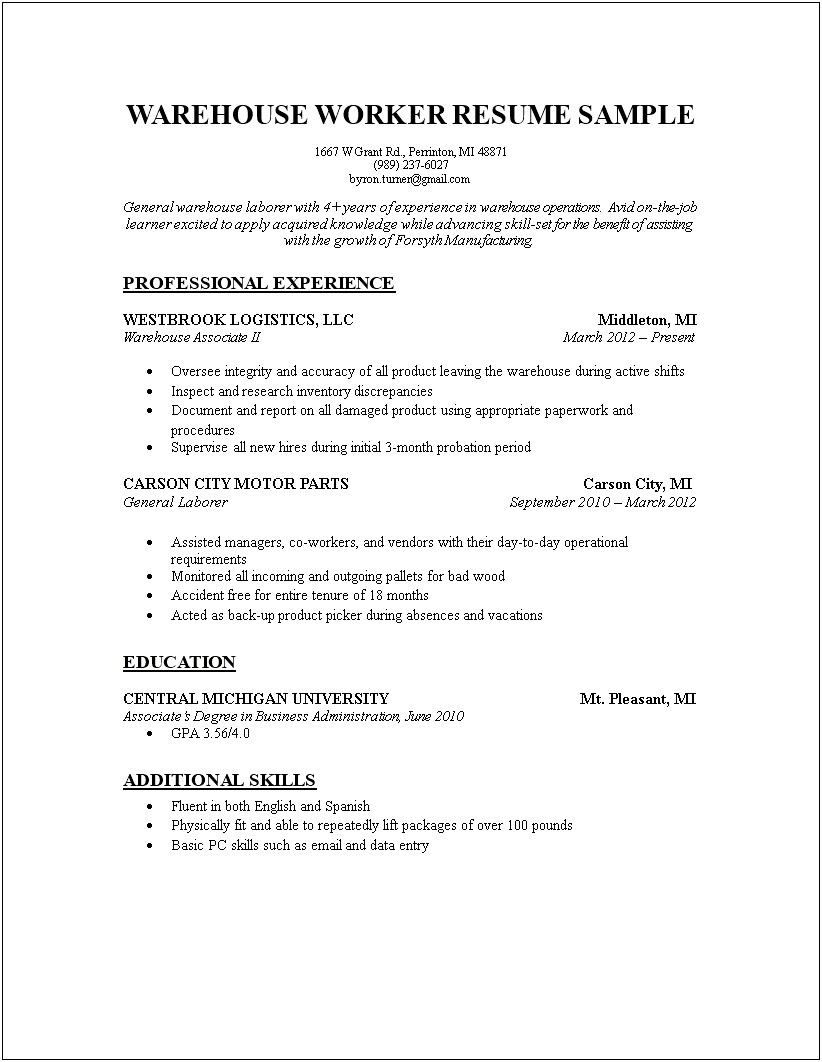Summary Of Qualifications Resume For Warehouse Worker