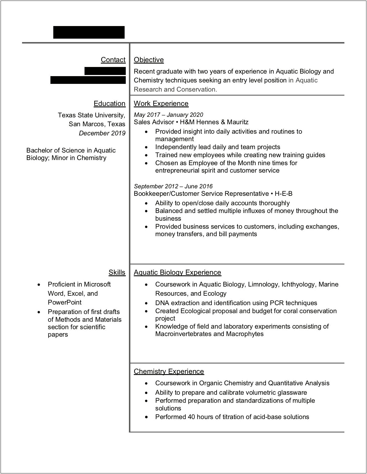 Summary Of Skills For Bio Majors Resume