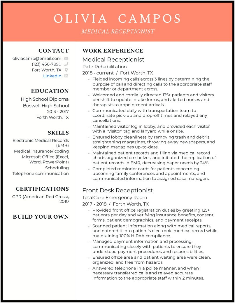 Summary On A Resume For A Receptionist