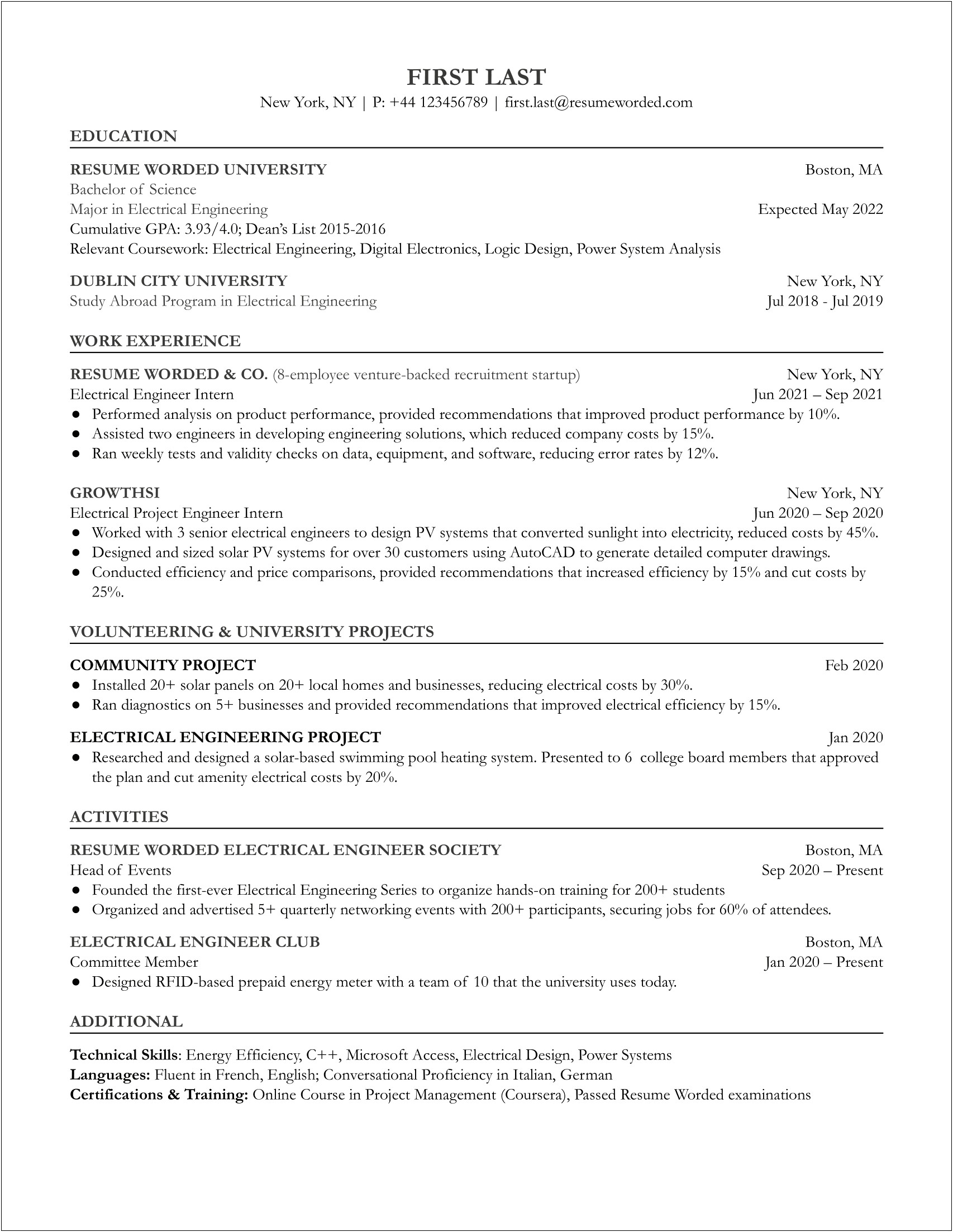 Summary Qualifications Resume College Student Electrical Engineering