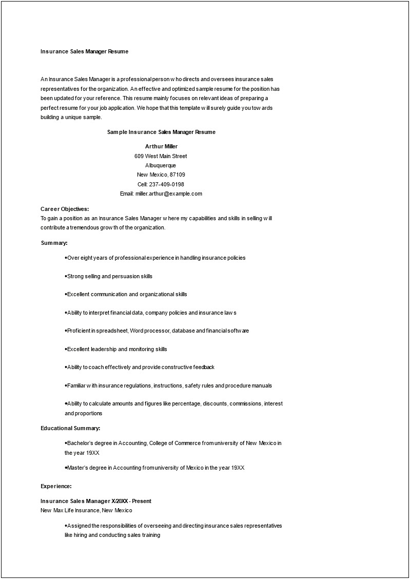 Summary Resume Statement For Sales Manager