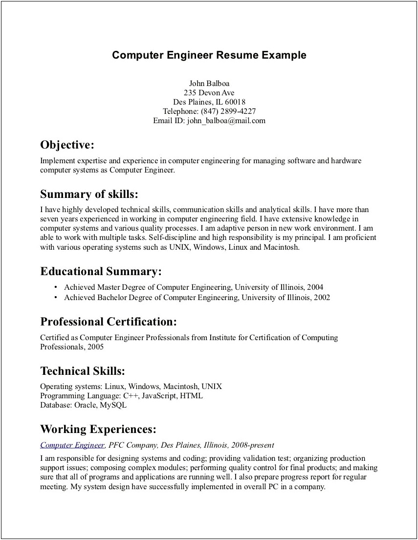 Summary Statement For An Engineering Resume