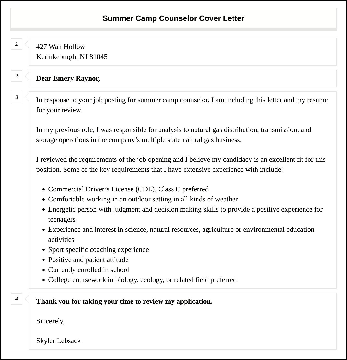 Summer Camp Counselor Resume Cover Letter