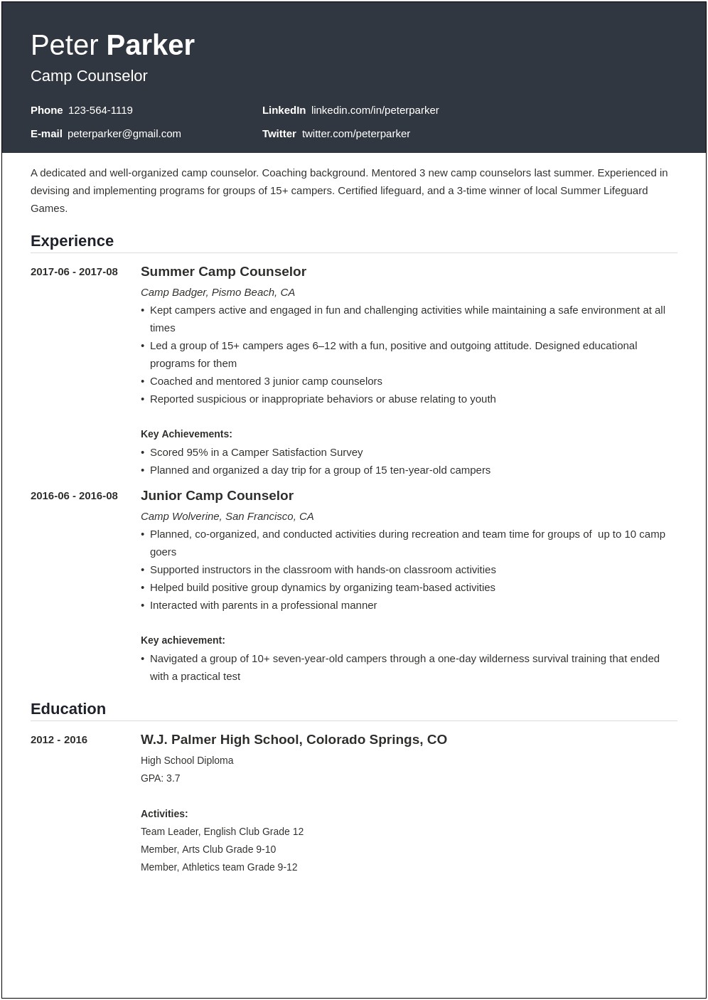 Summer Camp Group Counselor Job Description For Resume