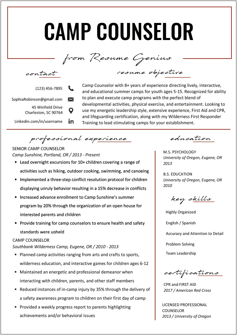 Summer Day Camp Inclusion Counselor Job Description Resume