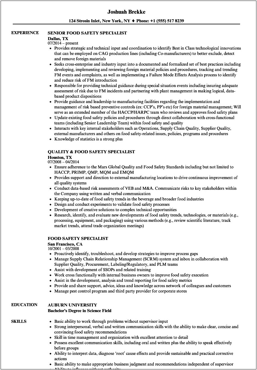 Supervisor Food Safety Inspection Service Resume Examples