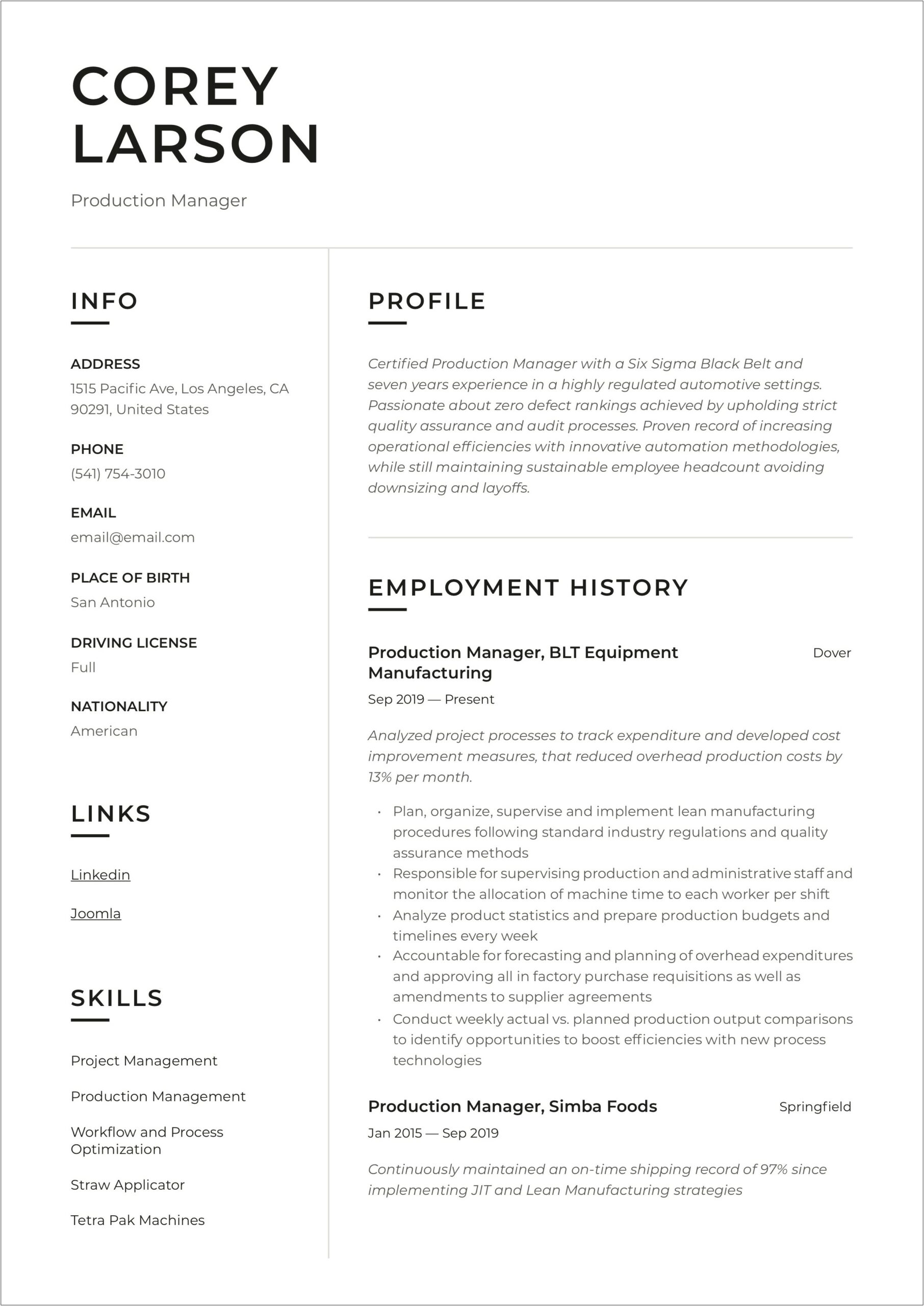 Supplier Quality Manager For Manufacturing Resume