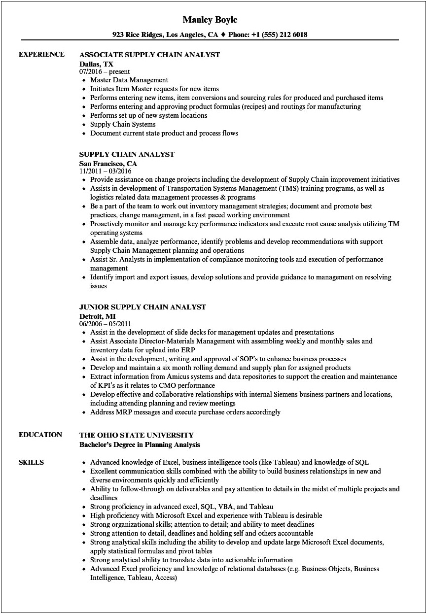 Supply Chain Business Analyst Resume Sample