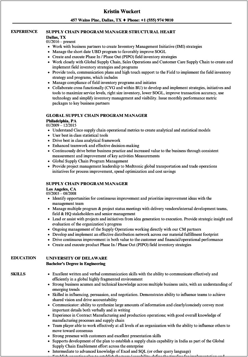 Supply Chain Management On A Resume
