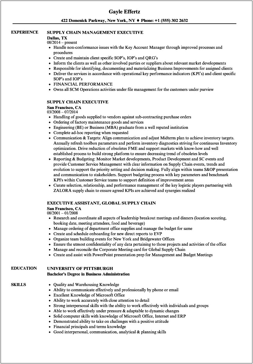 Supply Chain Management Summary For Resume