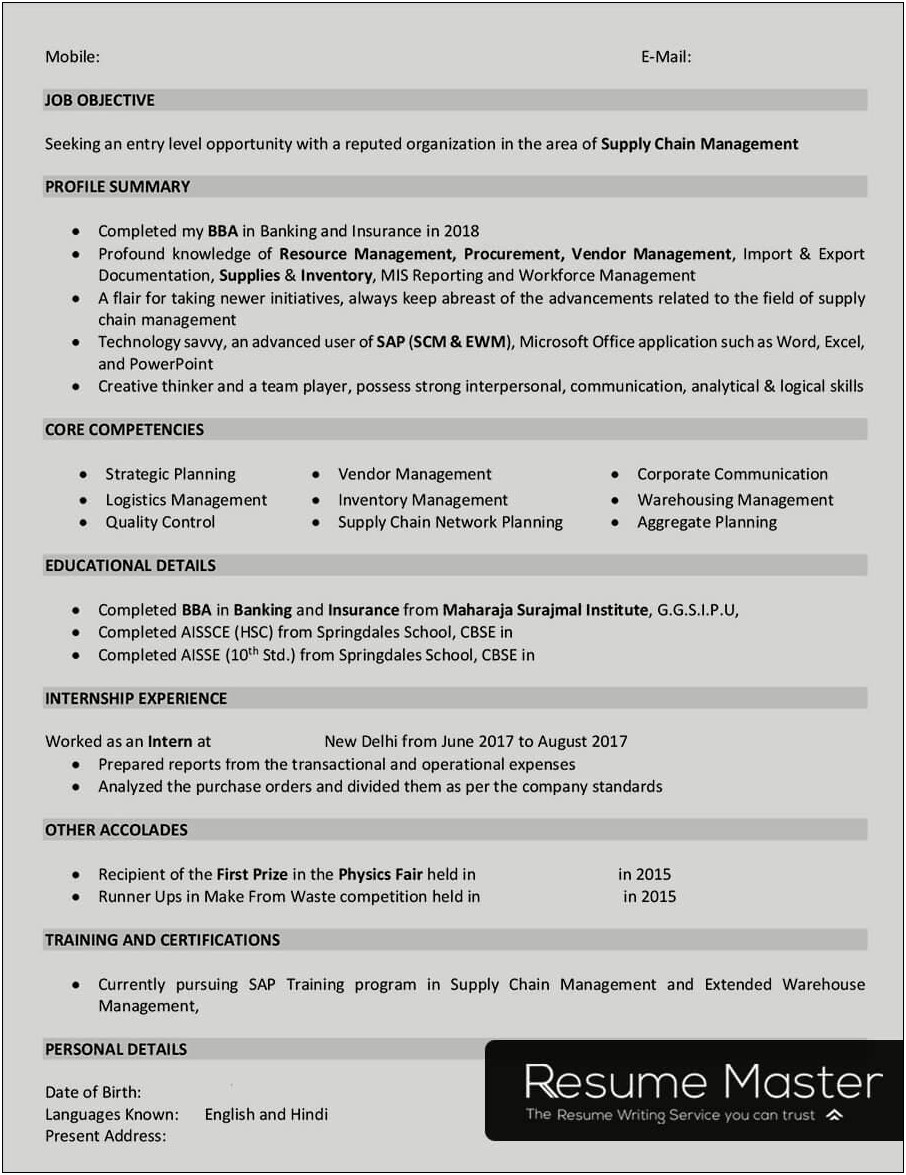 Supply Chain Manager Resume India Pdf