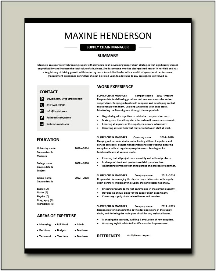 Supply Chain Manager Supply Chain Resume