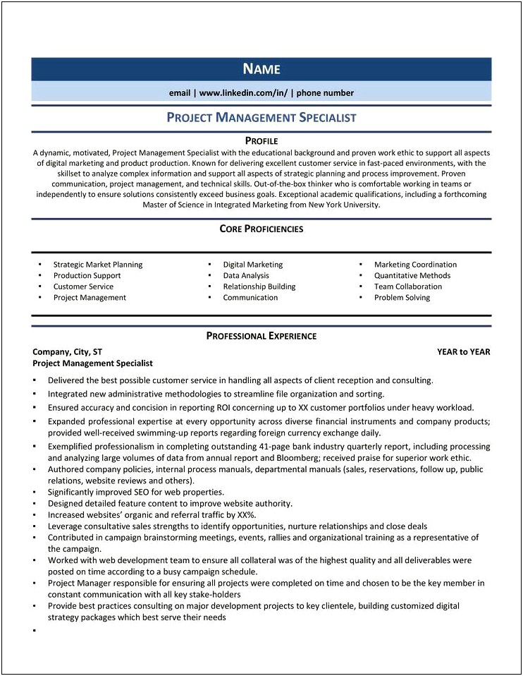 Support Service Specialist Project Manager Resume