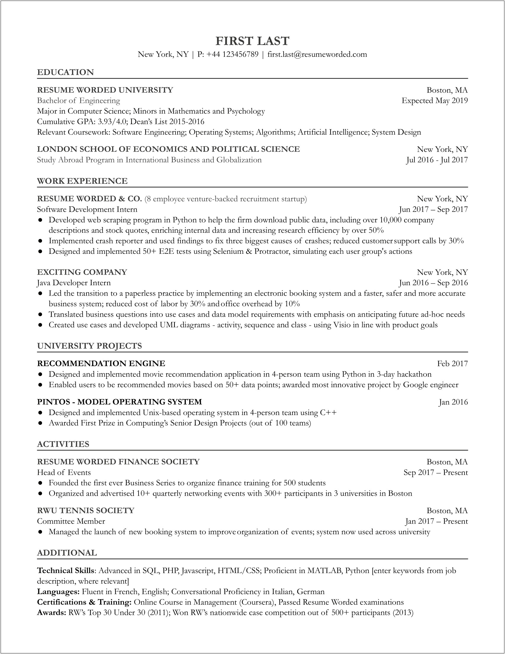 Swe Intern Resume Without Work Experience