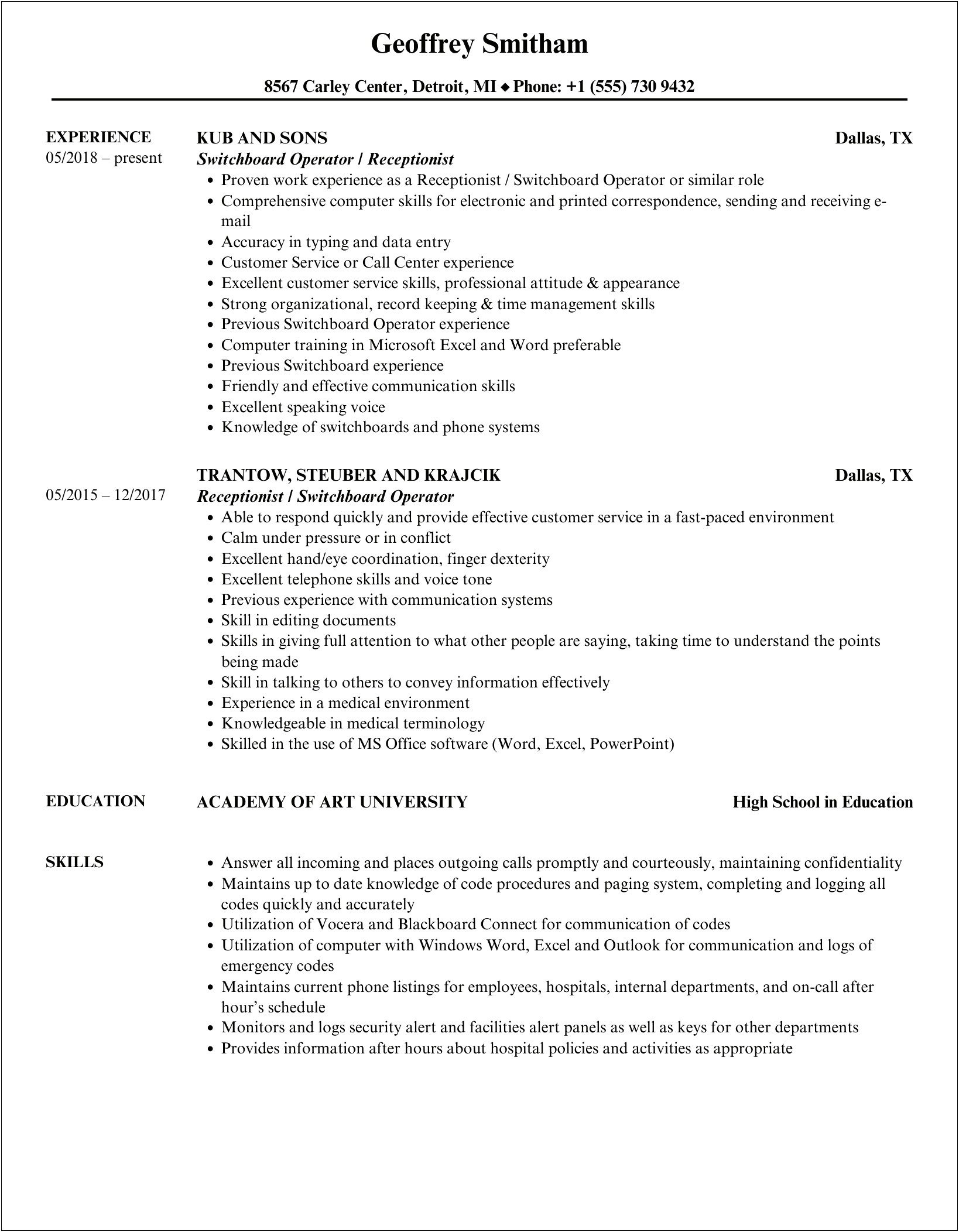 Switchboard Operator Job Description For Resume