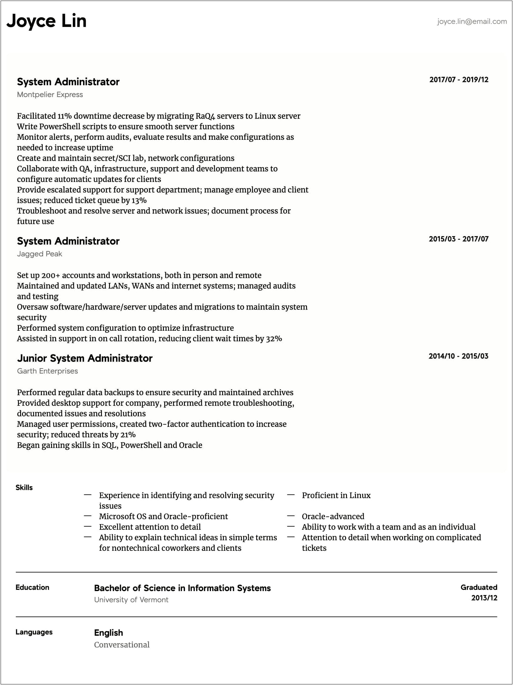 System Administrator Resume 2 Years Experience