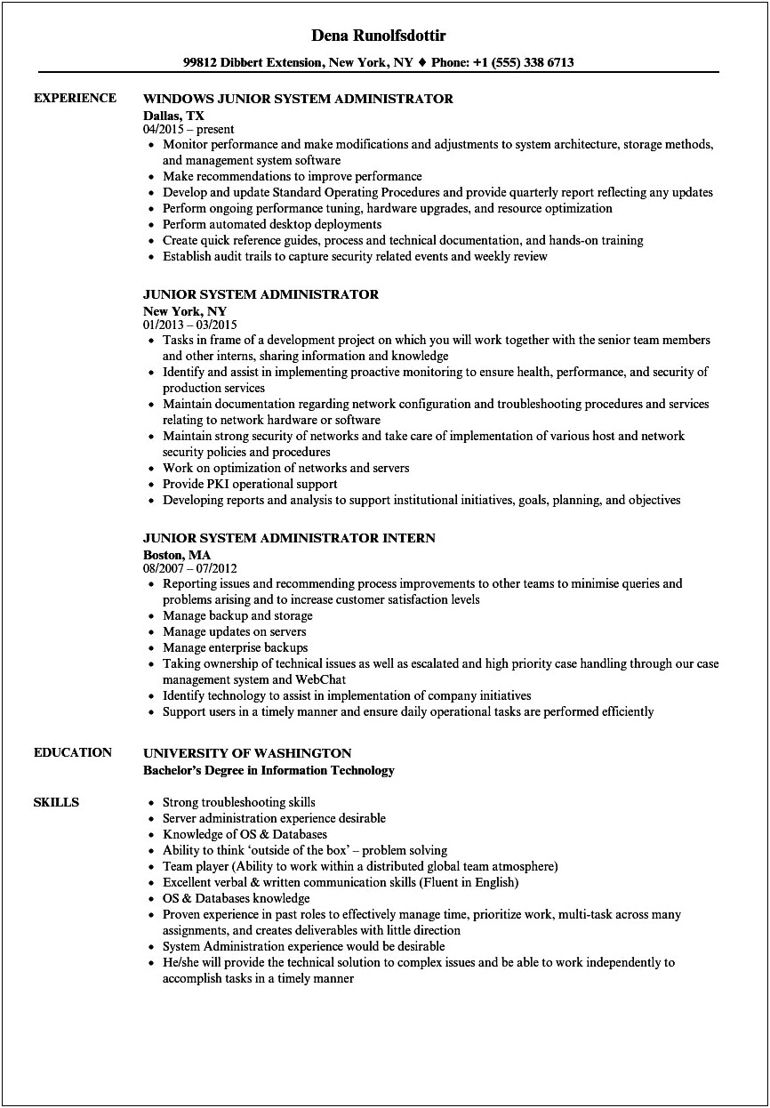 System Administrator Resume For 0 Experience