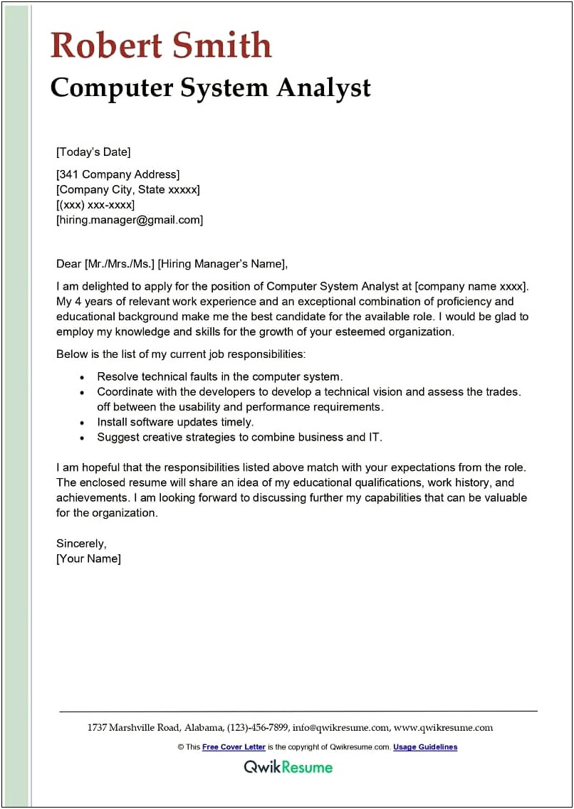 System Analyst Resume Cover Letter Examples