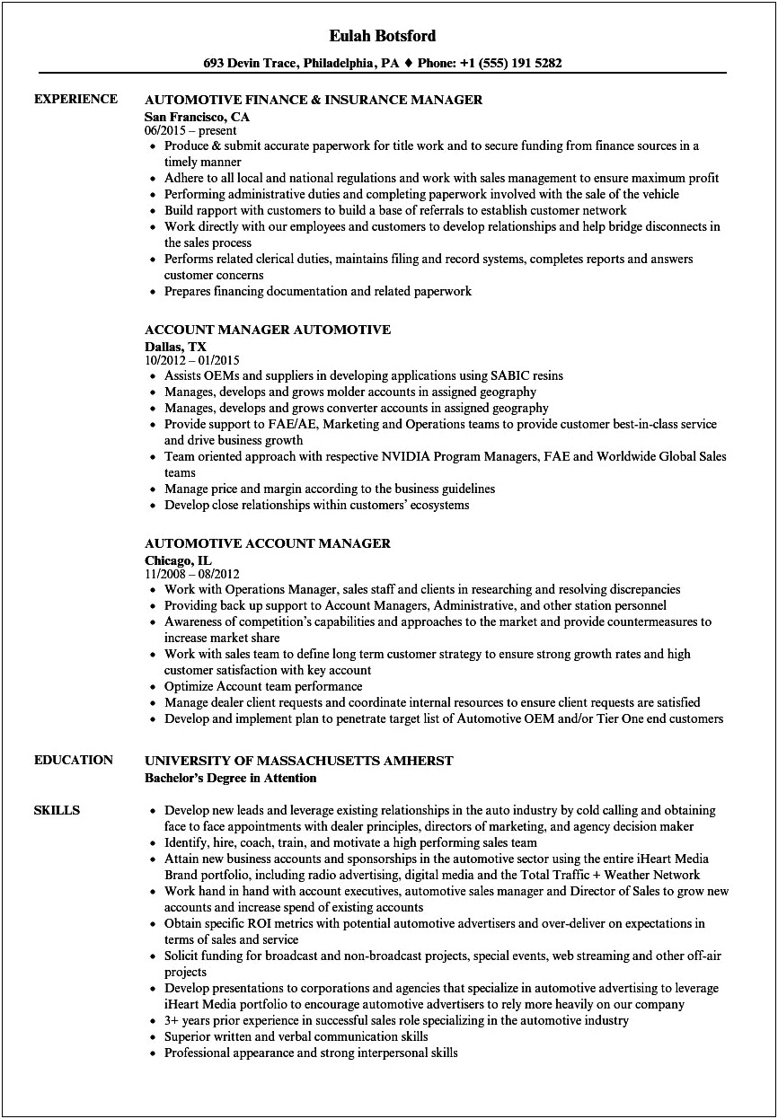 System Project Manager Resume For Automotive
