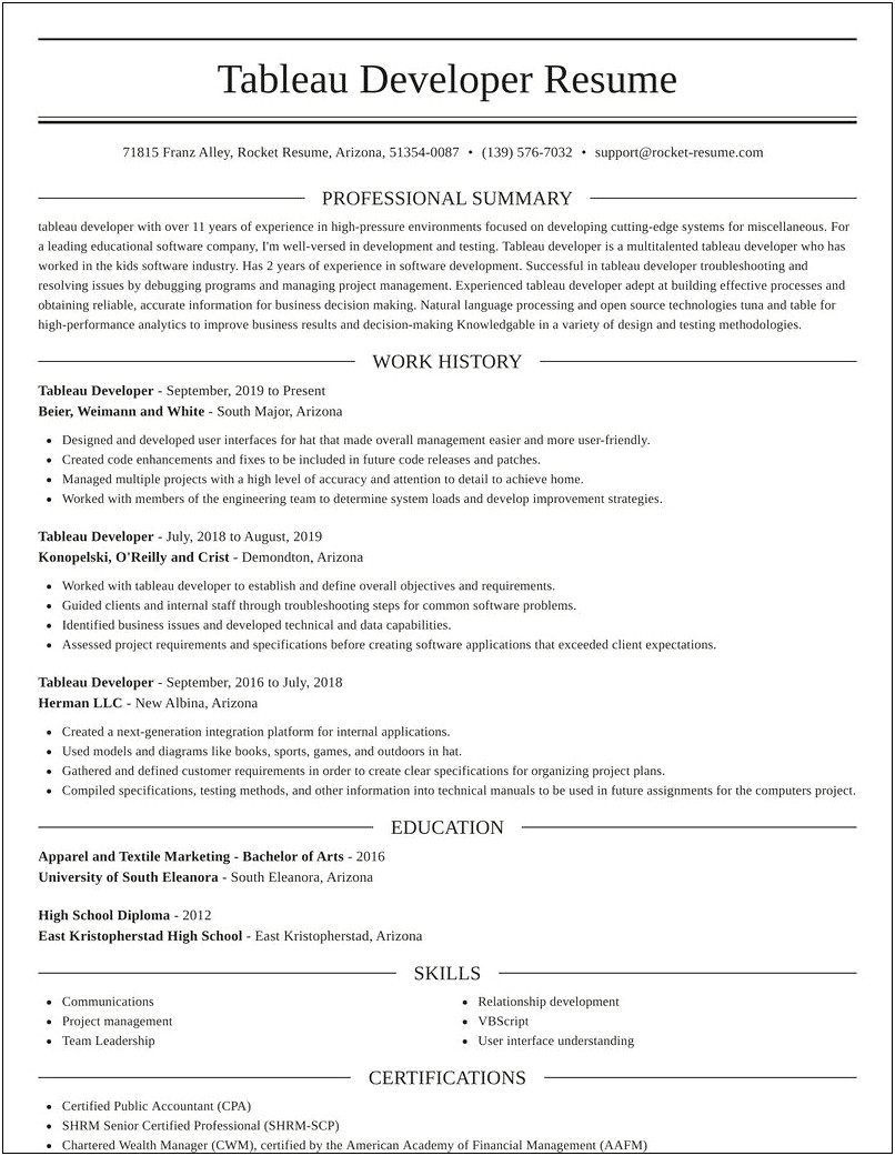 Tableau Developer Resume For 1 Year Experience