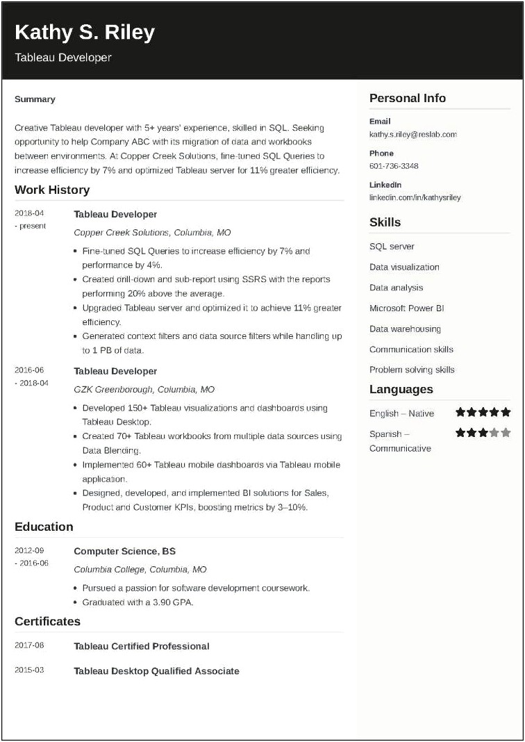 Tableau Developer Resume For 2 Years Experience