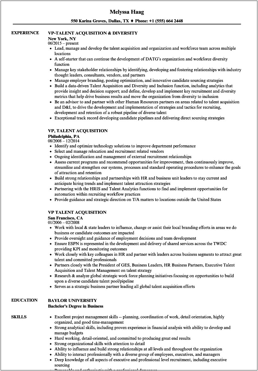 Talent Acquision Manager And Employee Relations Resume