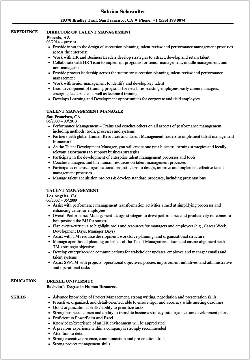Talent Manager Human Resources Resume Summary Examples