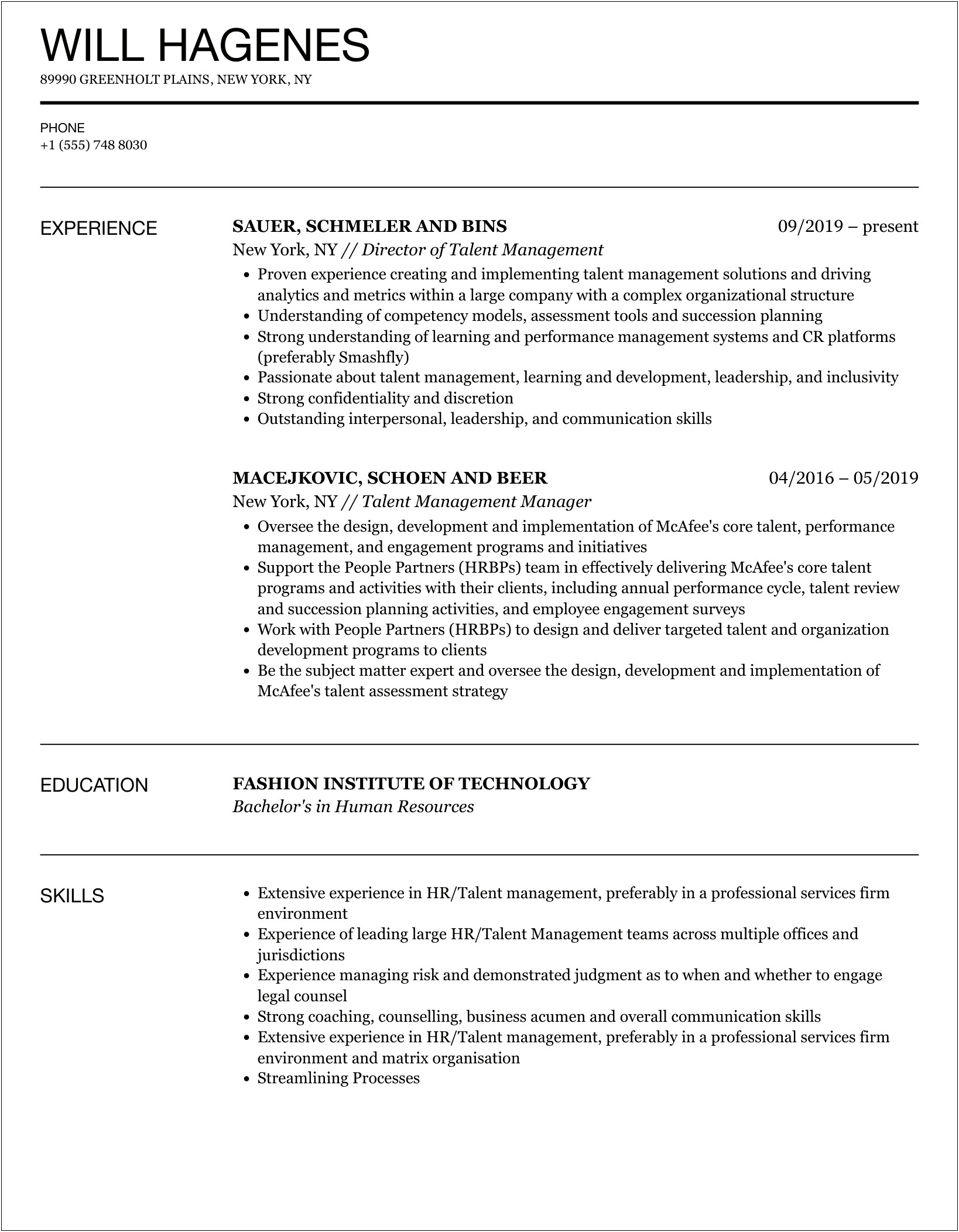 Talent Manager Resume Summary Statement Examples