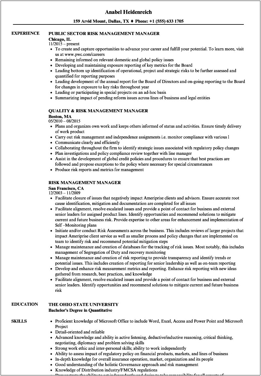 Talk About Risk Management Experience In Resume