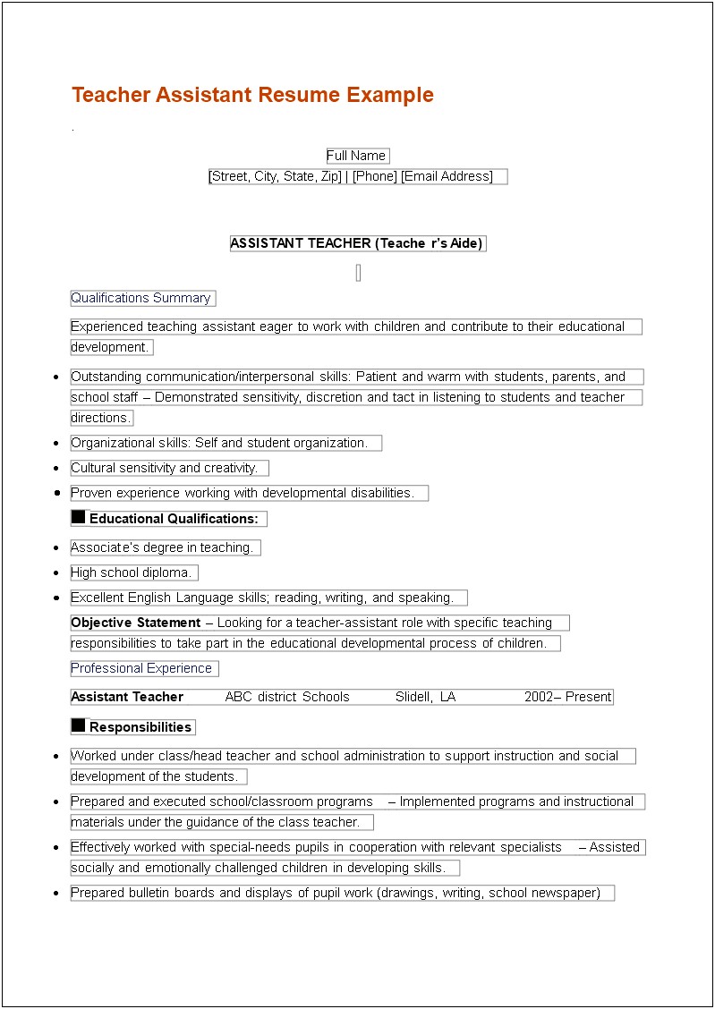 Teacher Assistant Resume Objective With No Experience