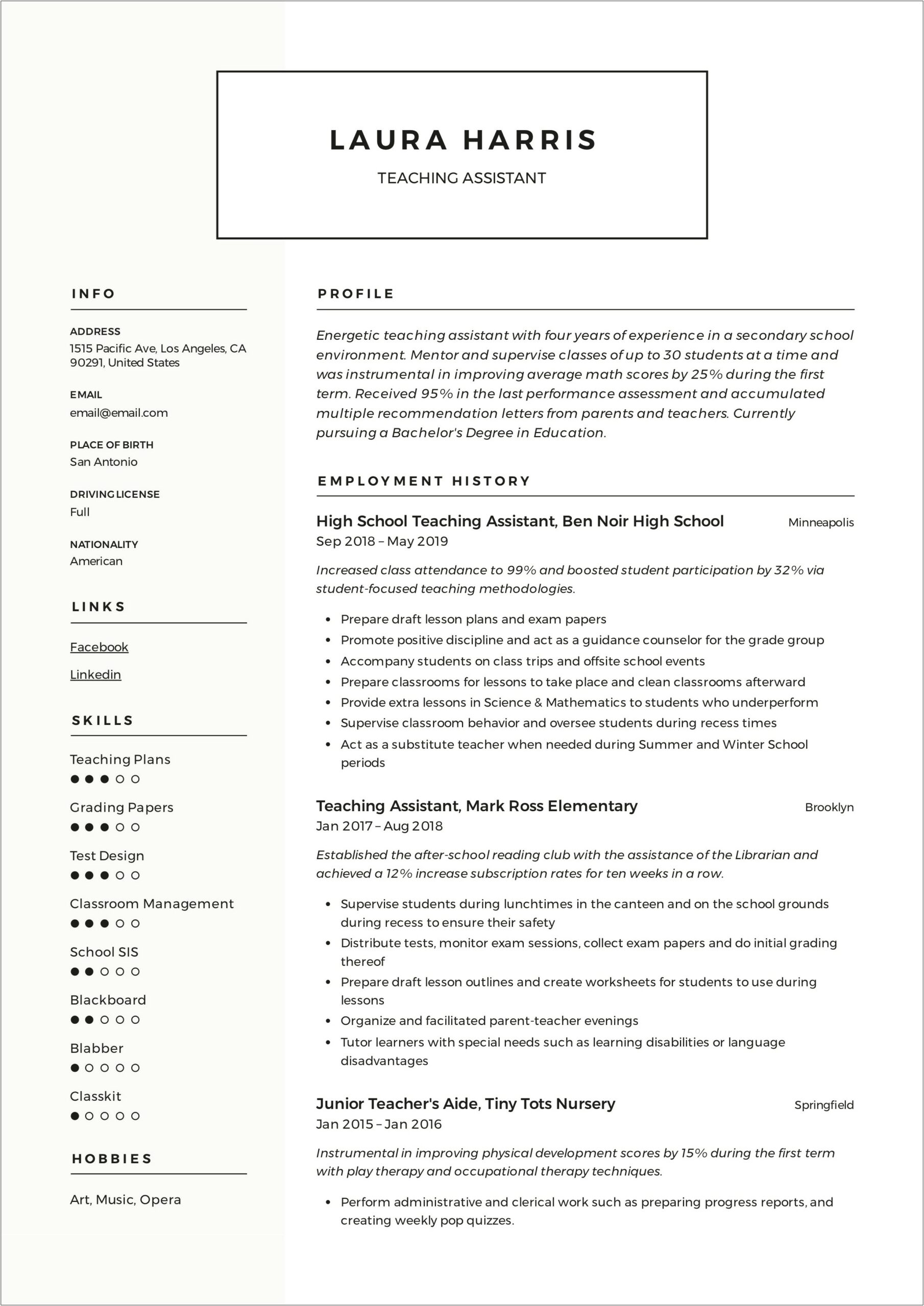 Teaching Assistant Job Description Elementary School Resume