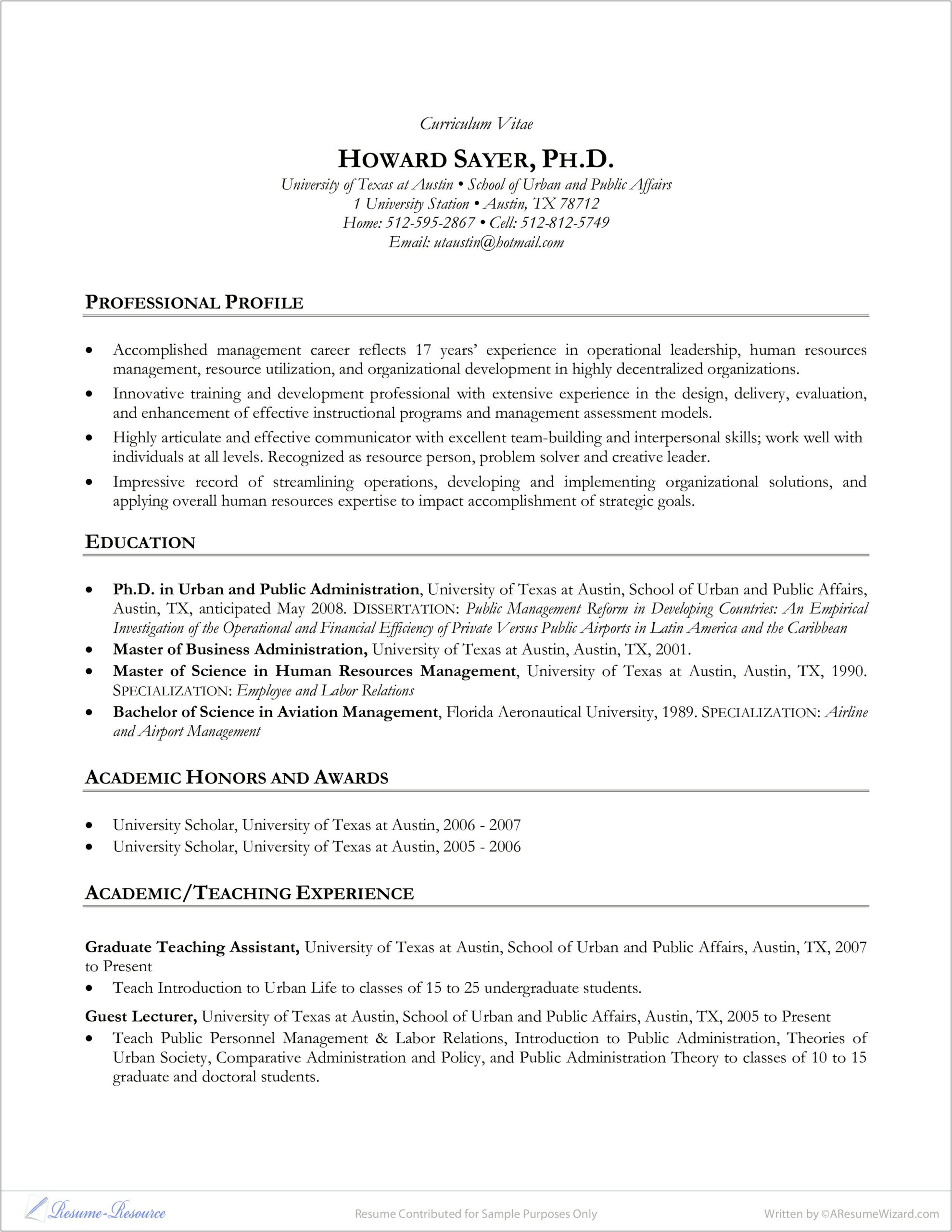 Teaching Experience For Human Resource Resumes