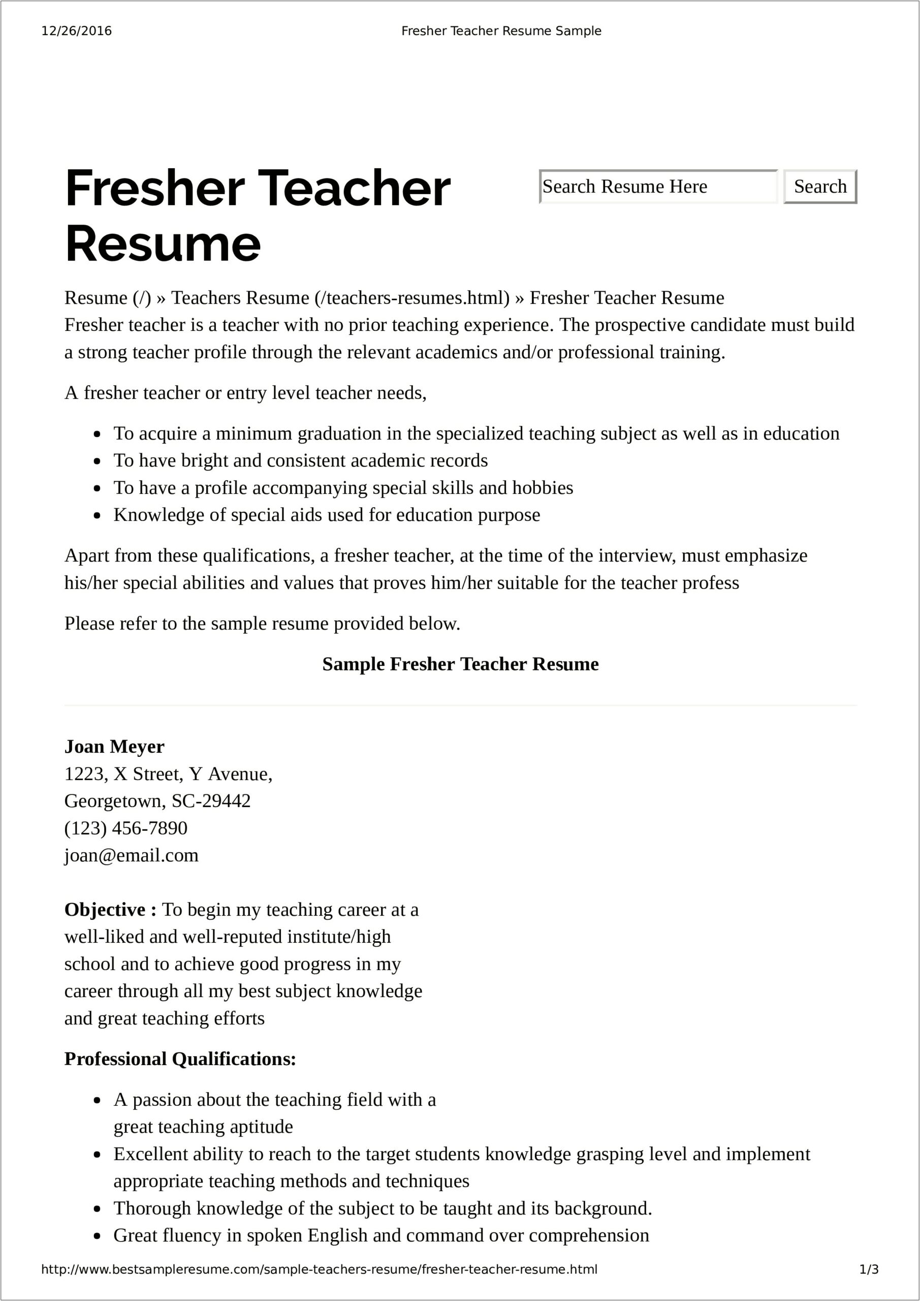 Teaching Resume For Teacher With Years Of Experience