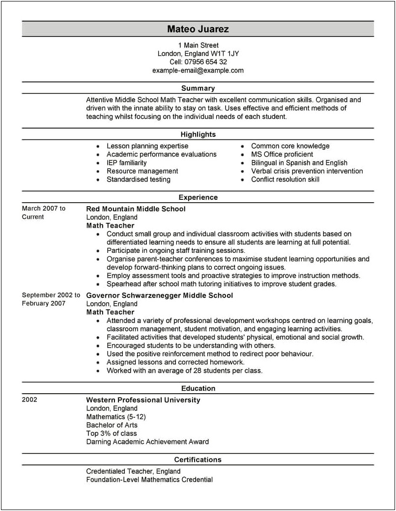Teaching Resume Sample For Teaching Positions