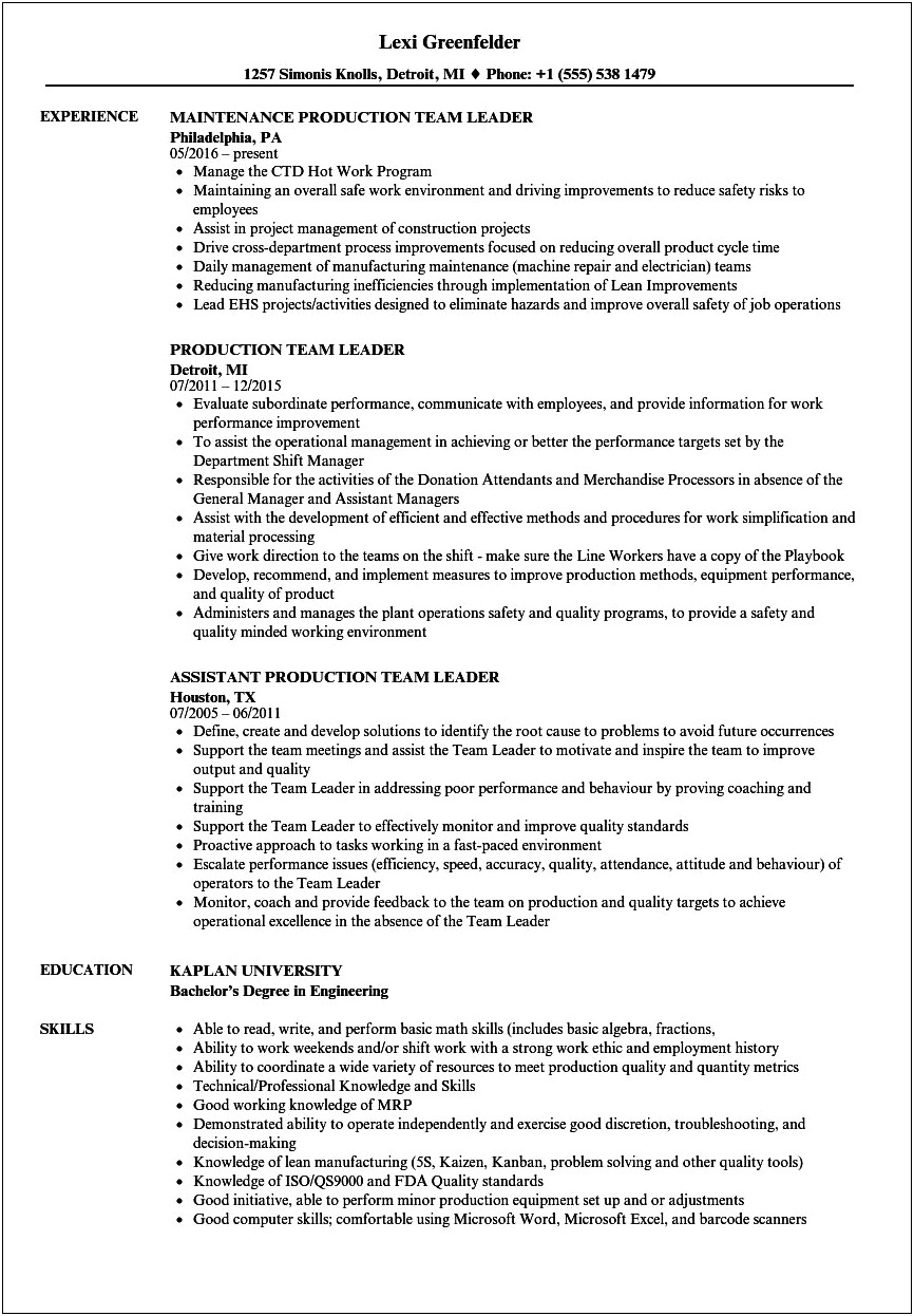 Team Lead Job Description Resume Sample