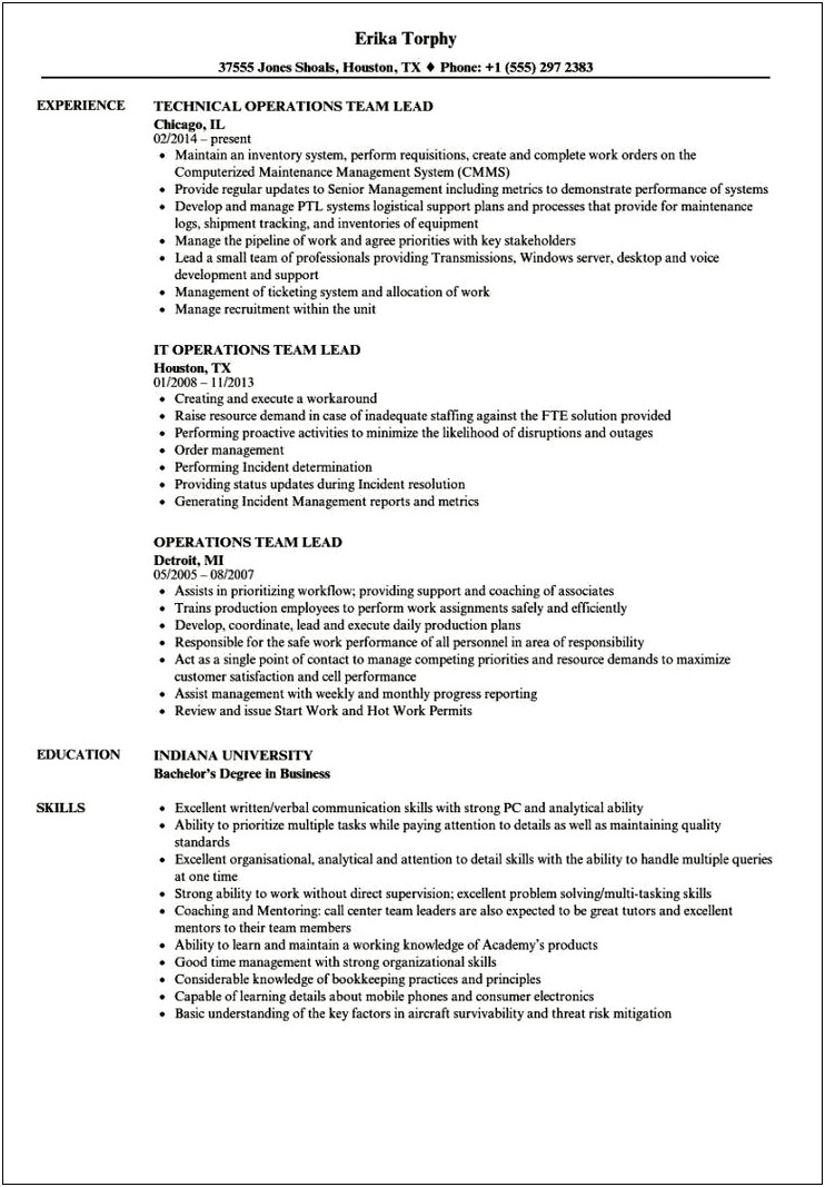Team Member Job Description For Resume