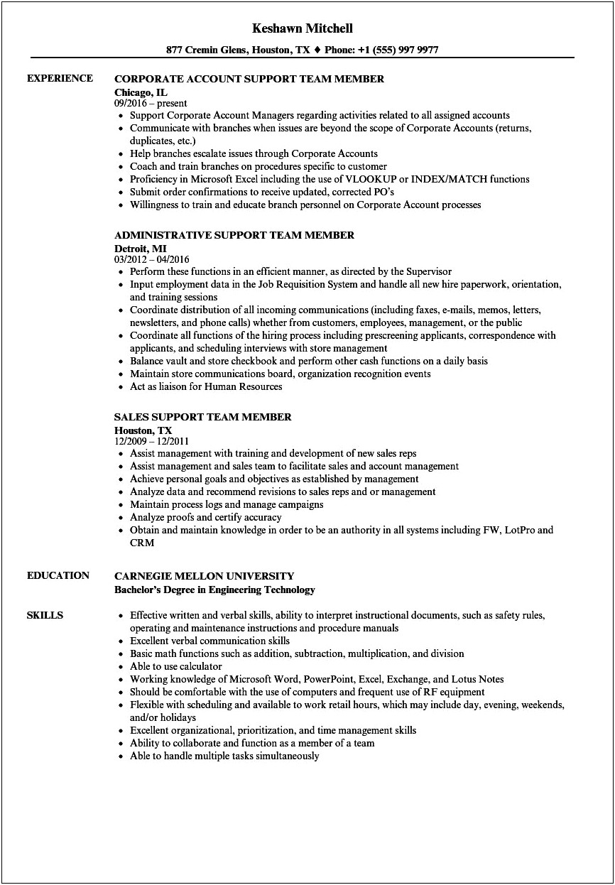 Team Member Job Description On Resume