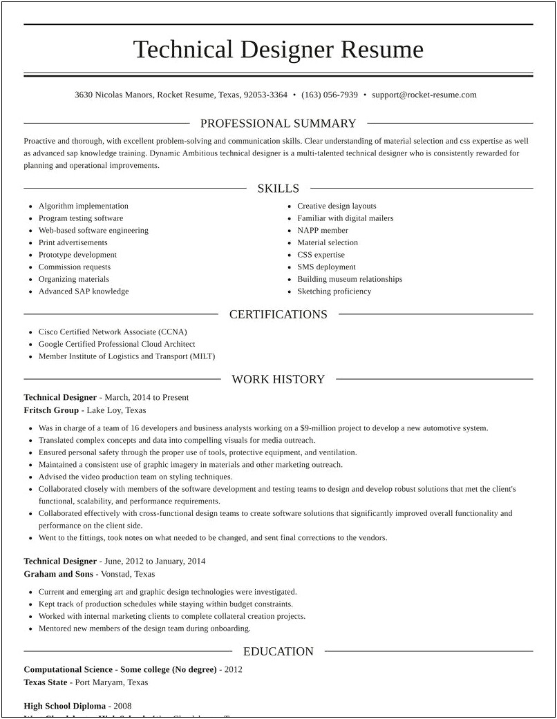 Techincal Designer Summary Of Qualifications Resume