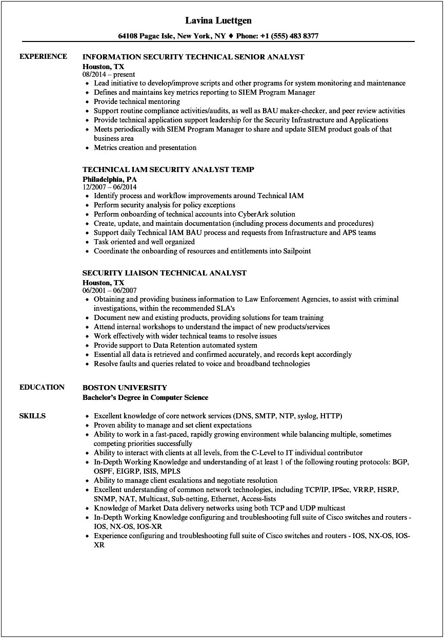 Technical Analyst Summary Of Qualifications Resume