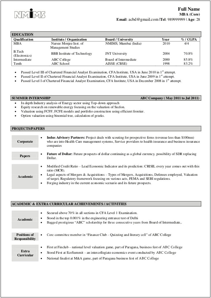Technical Resume Format For Freshers Free Download