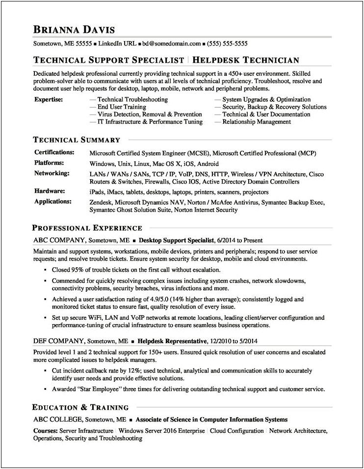 Technical Service Desk Support Sample Resume