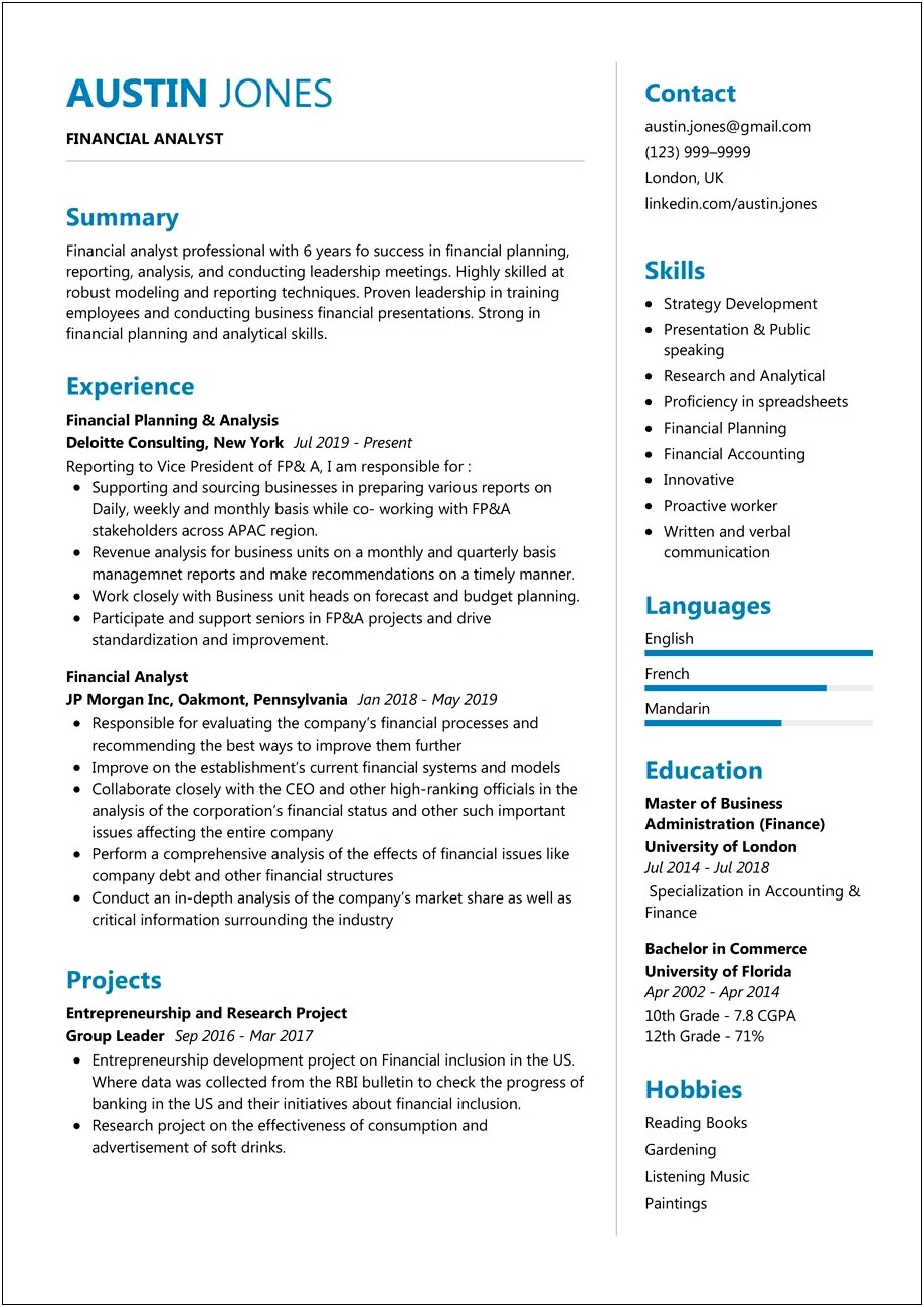 Technical Skills In Resume For Financial Analyst
