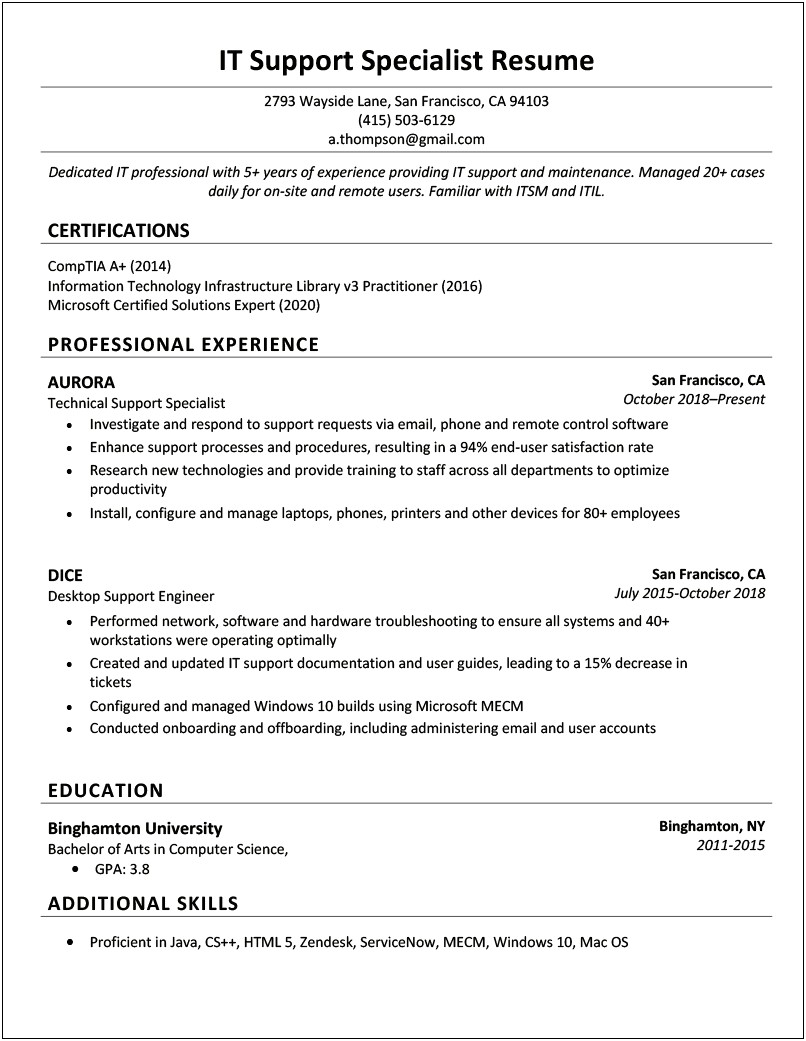 Technical Support 1 Year Experience Resume