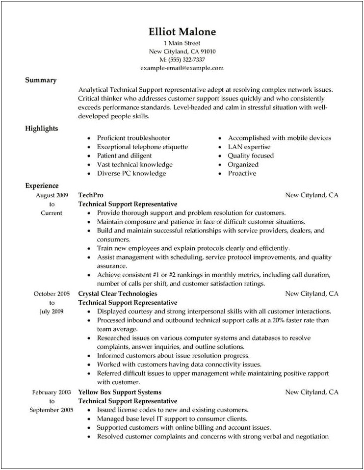 Technical Support Representative Job Description Resume