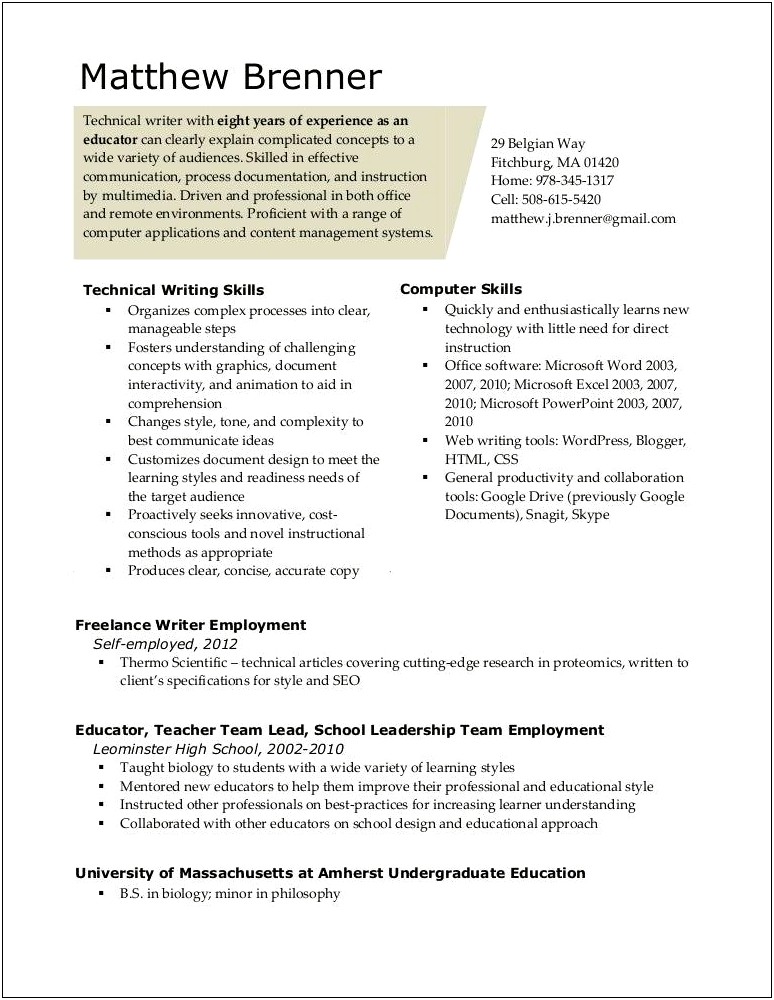 Technical Writing As A Skill On Resume