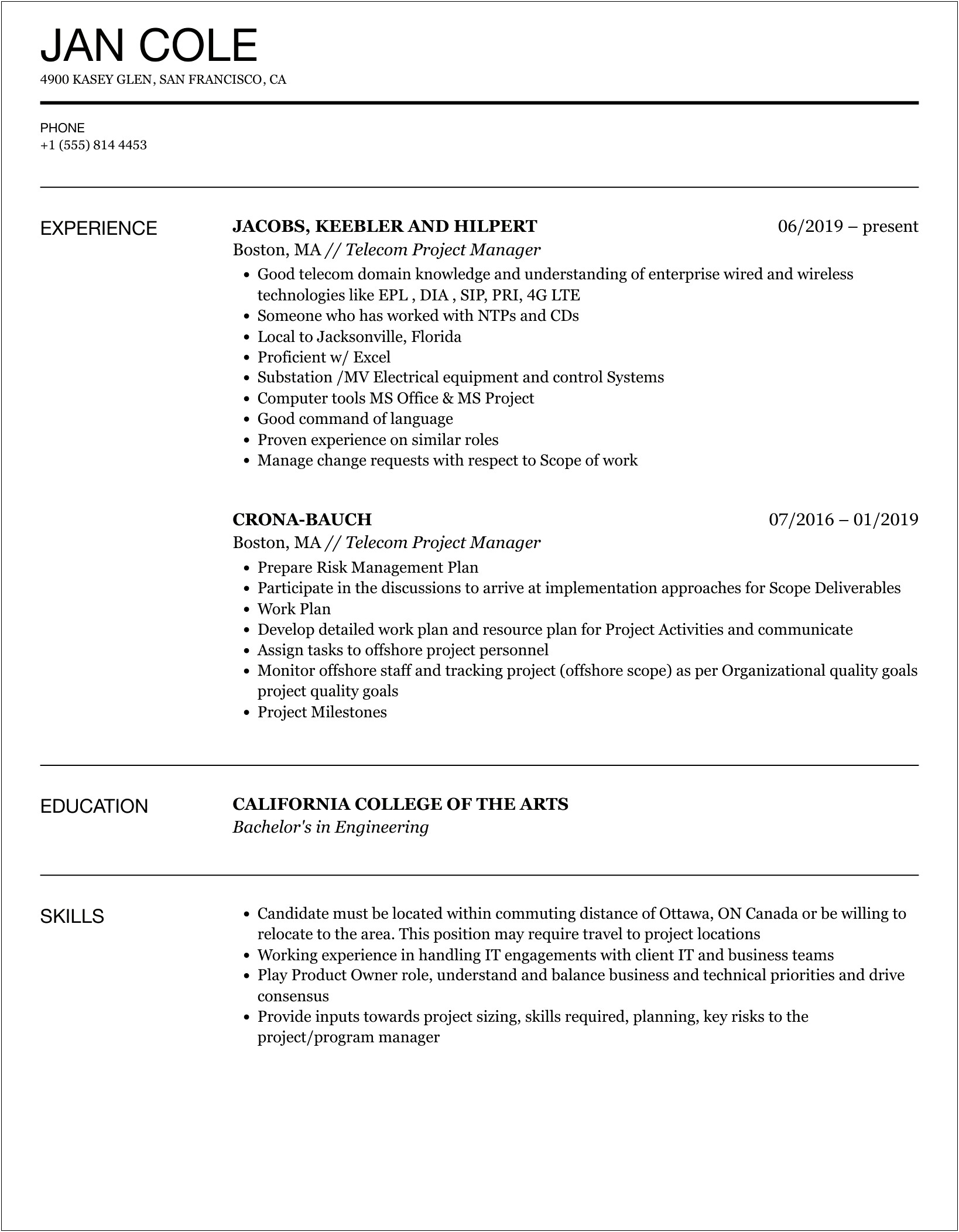 Telecom Project Manager Resume Sample India