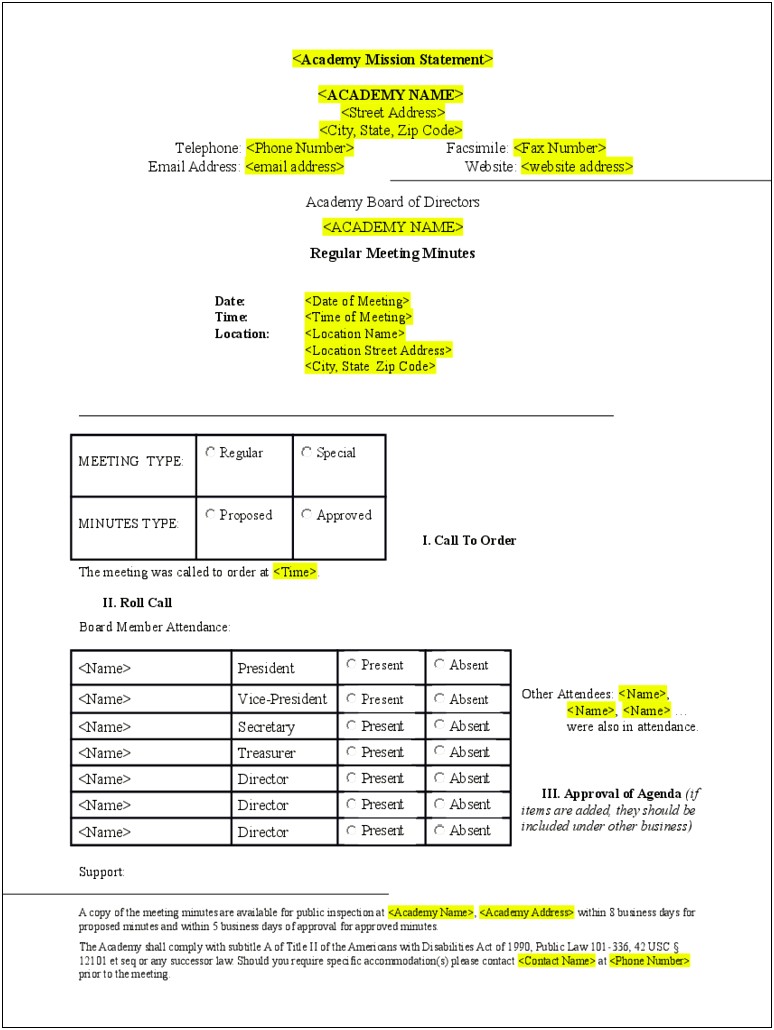 Template For Board Meeting Minutes Free Copy