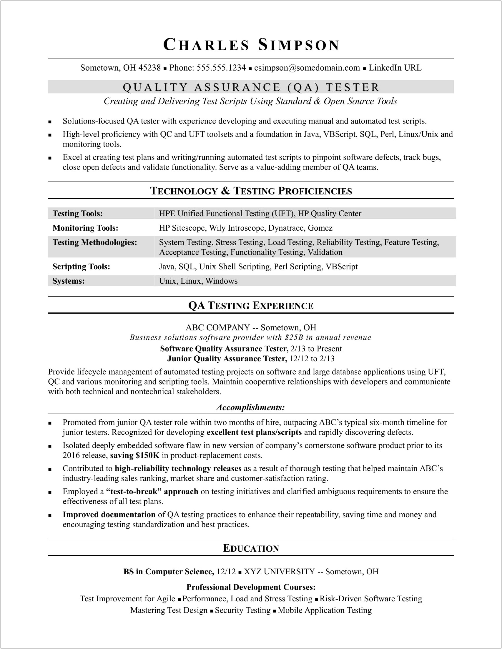 Test Automation Development Experience In Resume